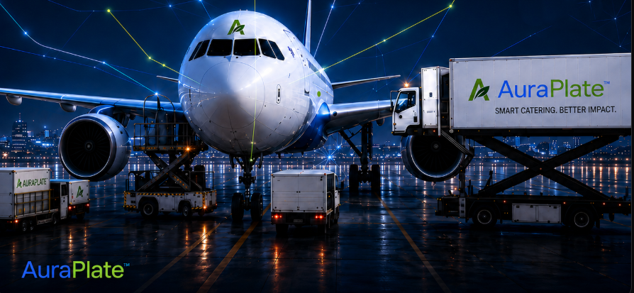 AuraPlate branded catering trucks and aircraft at an airport at night